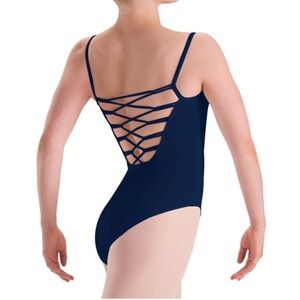 Motionwear Women’s Black Strappy Back Leotard w/Pinch Front & Shelf Bra, Size M
